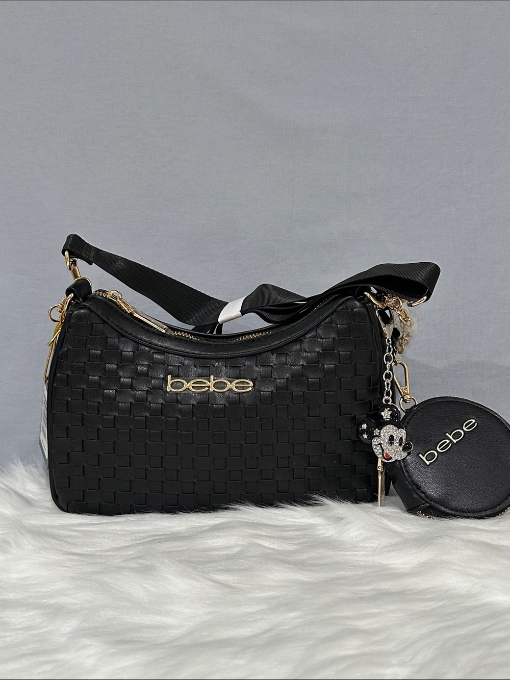 Bebe Yara Woven Crossbody Bag with Coin Pouch in Black w Removable Charm NWT’S